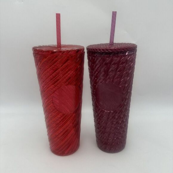 NEW Starbucks Lot Of 2 2024 Magenta, Red Swirl Stripe Venti Tumbler 24oz New - Picture 1 of 5